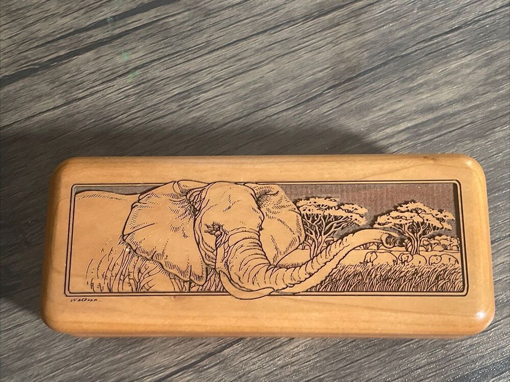 Wilderness Woods Elephants Hinged Trinket Box Laser Carved Vintage made in USA